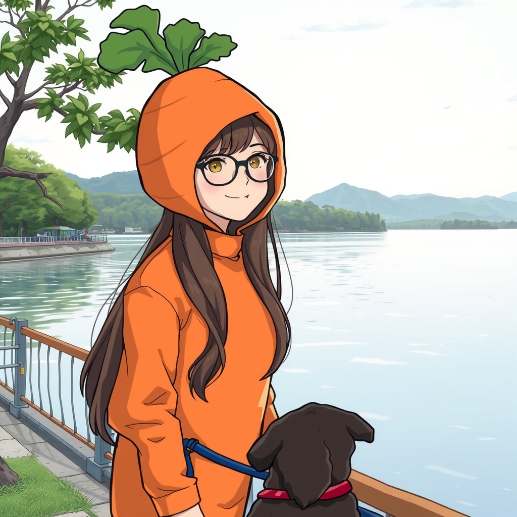 woman in carrot costume with long hair and dog lover by मुफ्त एआई छवि जनरेटर - बिना लॉगिन के✨ | AIGAZOU