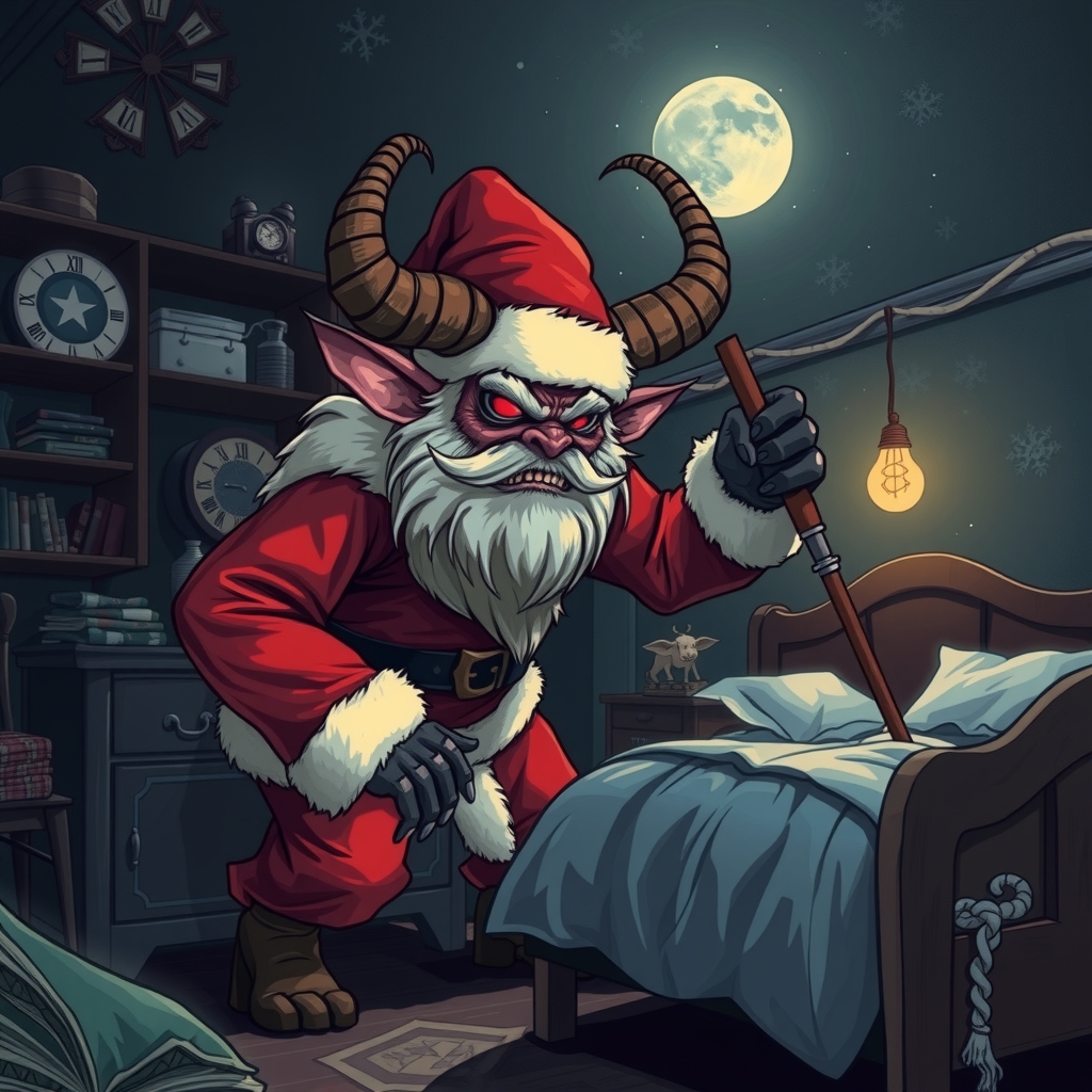 evil krampus in santa suit in dark childrens room by मुफ्त एआई छवि जनरेटर - बिना लॉगिन के✨ | AIGAZOU