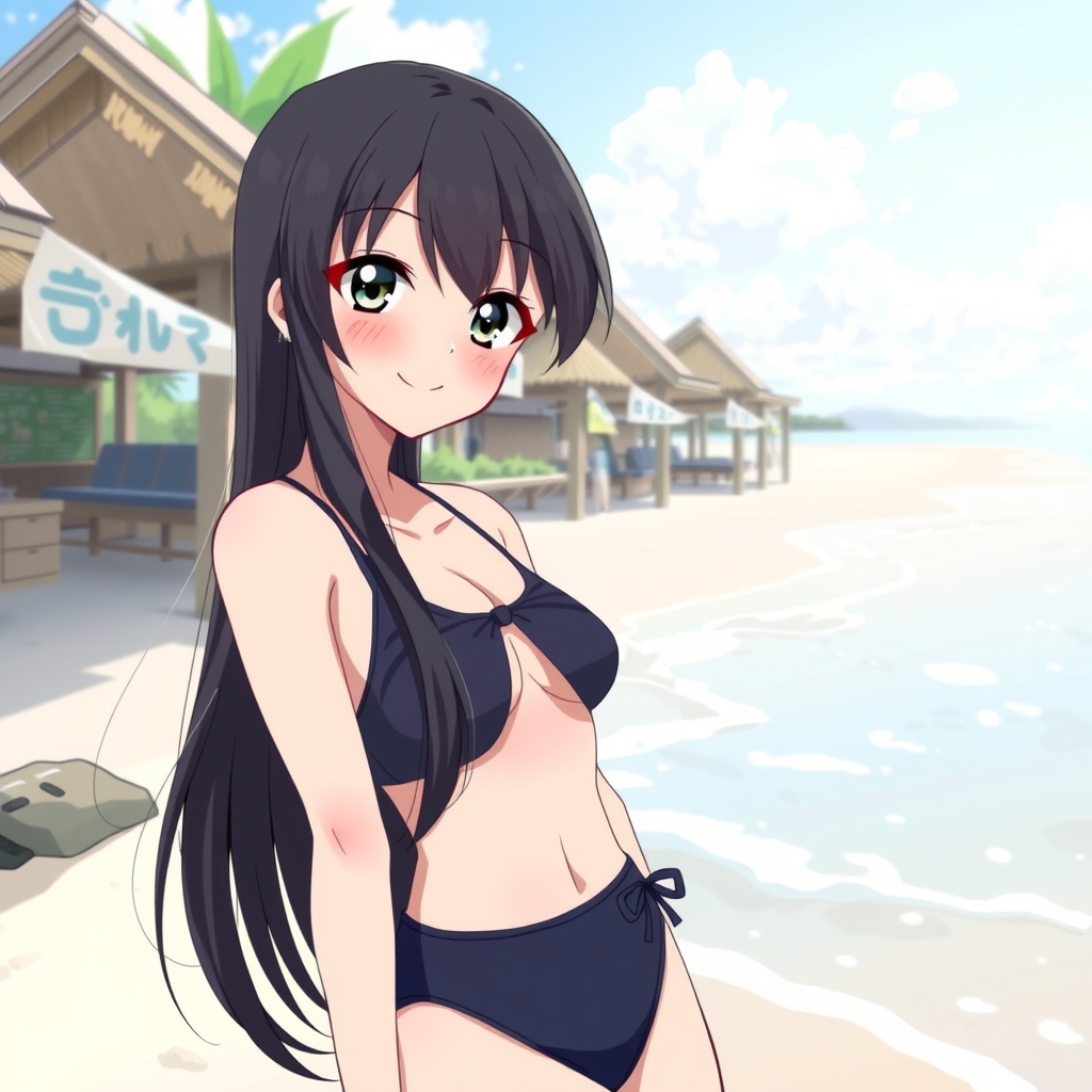 anime girl beach long black hair odd eyes smile by मुफ्त एआई छवि जनरेटर - बिना लॉगिन के✨ | AIGAZOU