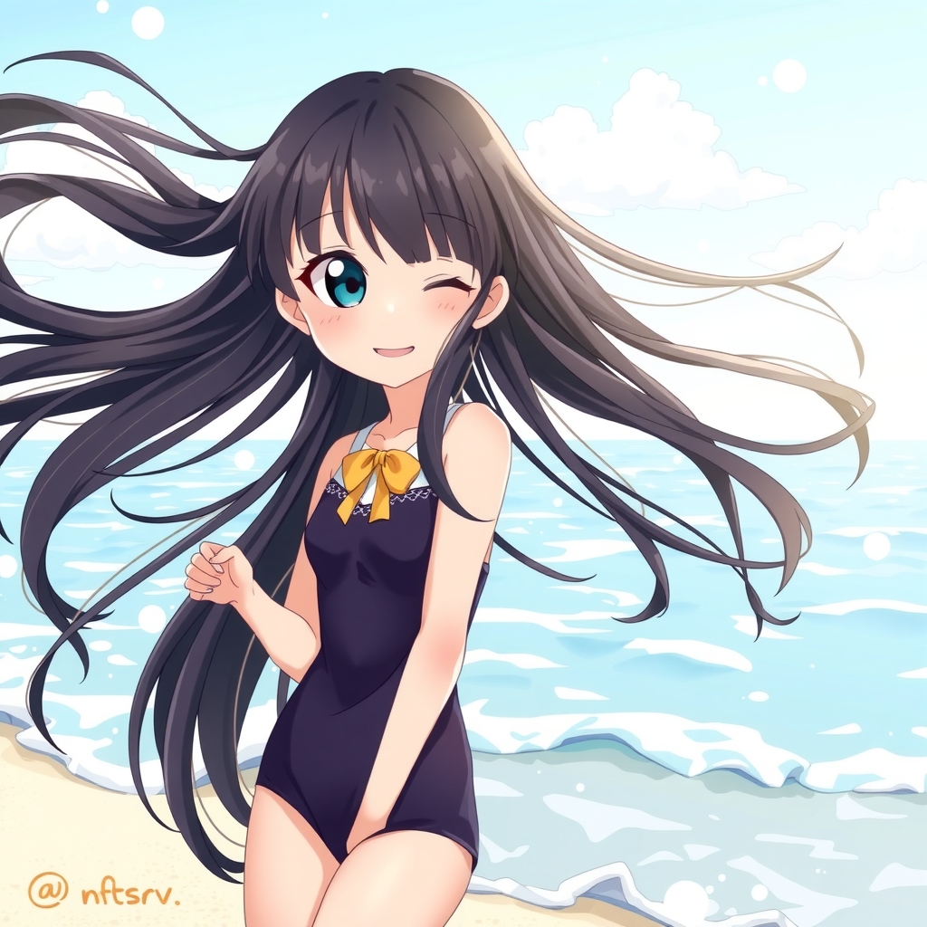 a girl with long black hair and odd eyes smiling on a beach in amami oshima by मुफ्त एआई छवि जनरेटर - बिना लॉगिन के✨ | AIGAZOU