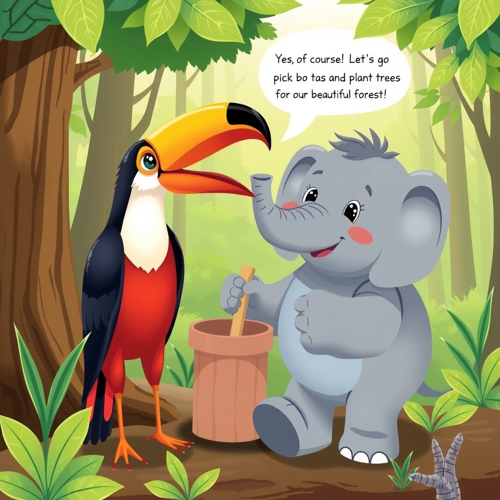 tim the toucan was happy and told leo the elephant by मुफ्त एआई छवि जनरेटर - बिना लॉगिन के✨ | AIGAZOU