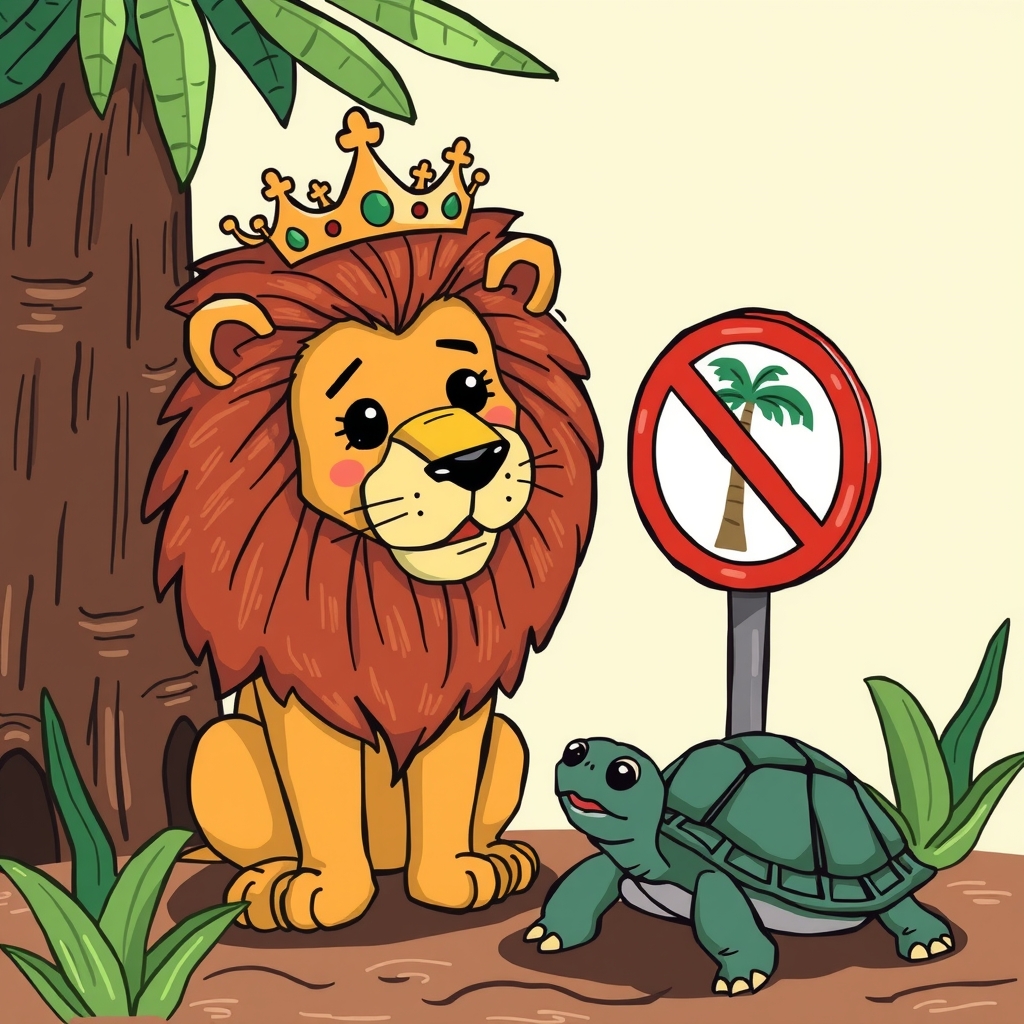 lion with crown next to palm tree sign and turtle eating by मुफ्त एआई छवि जनरेटर - बिना लॉगिन के✨ | AIGAZOU