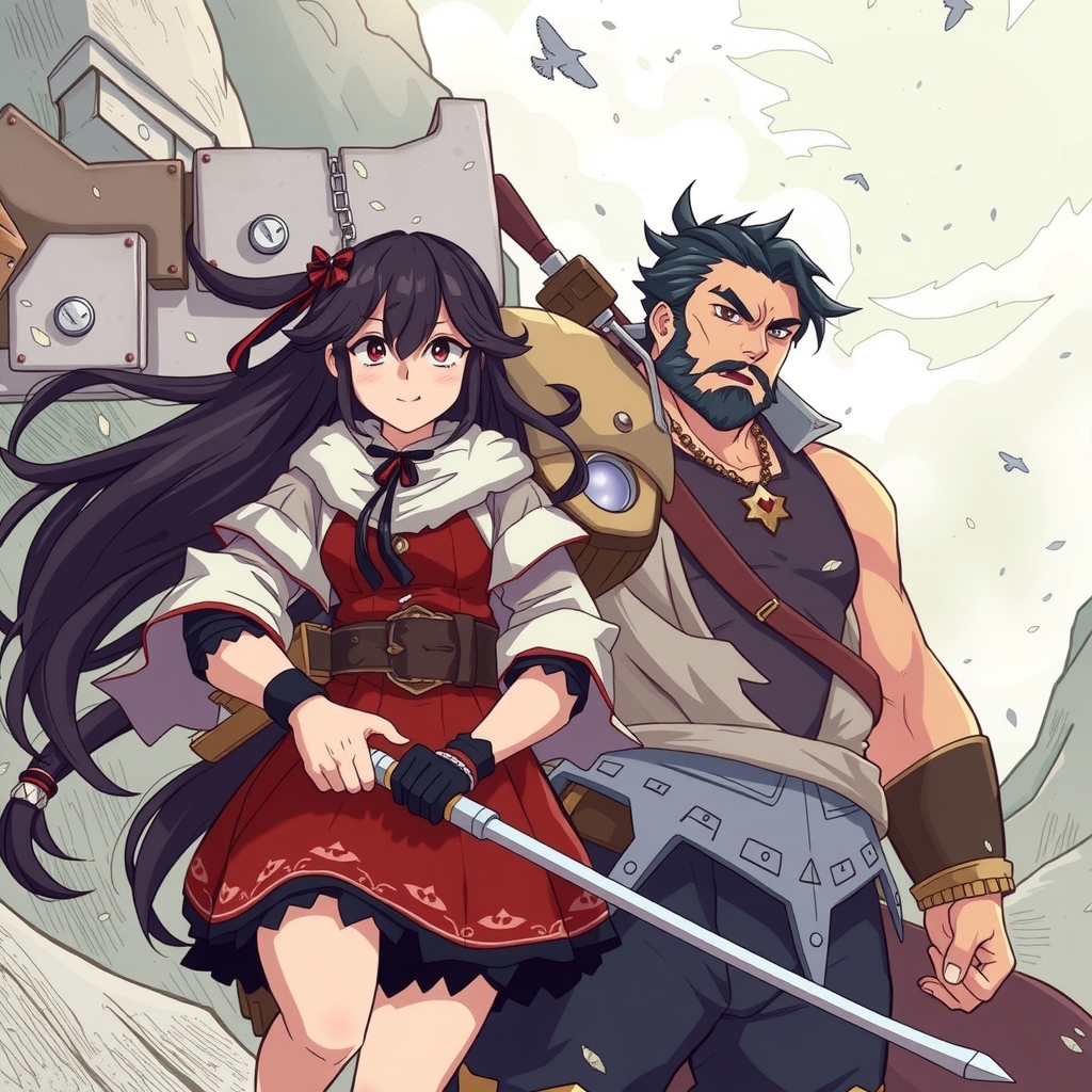 traveling black haired witch girl and large male warrior by मुफ्त एआई छवि जनरेटर - बिना लॉगिन के✨ | AIGAZOU