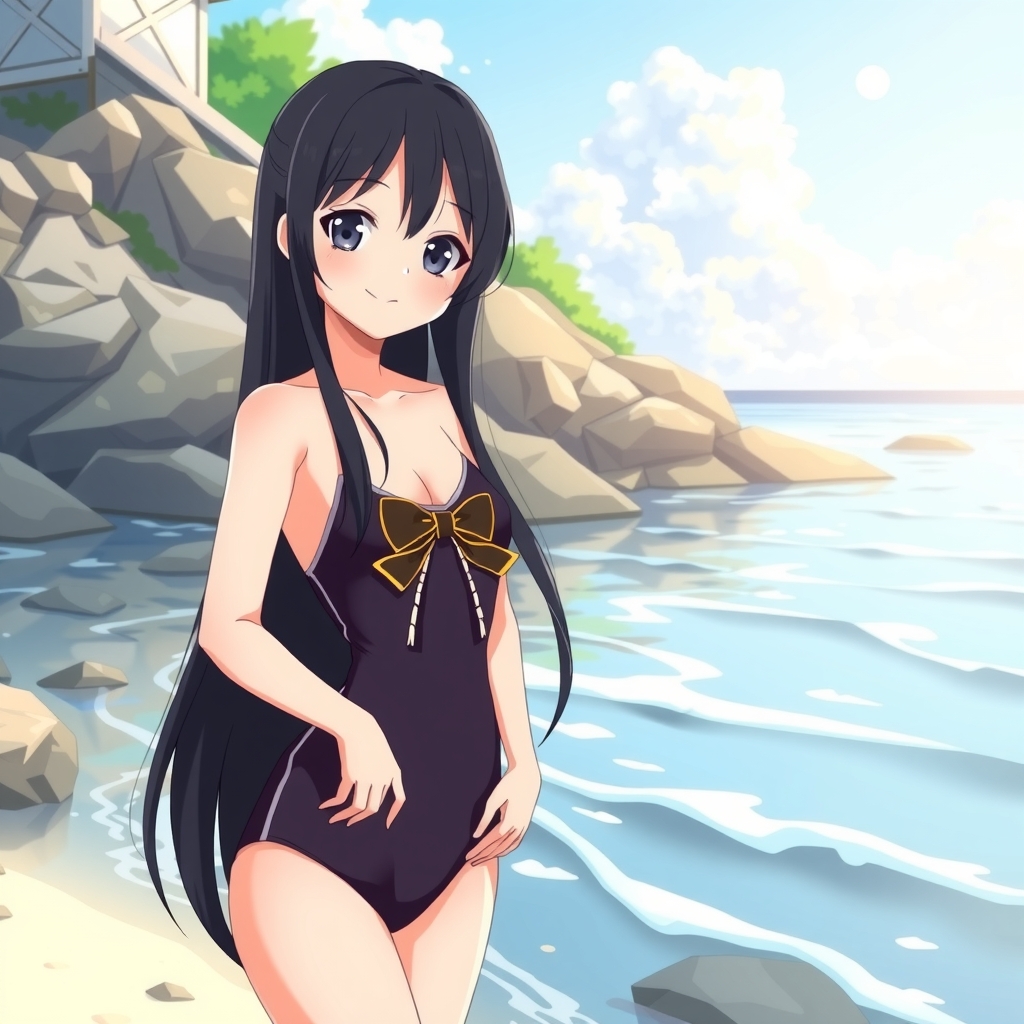 a teenage girl with long black hair and odd eyes wearing a ribboned swimsuit smiling on a beach by मुफ्त एआई छवि जनरेटर - बिना लॉगिन के✨ | AIGAZOU