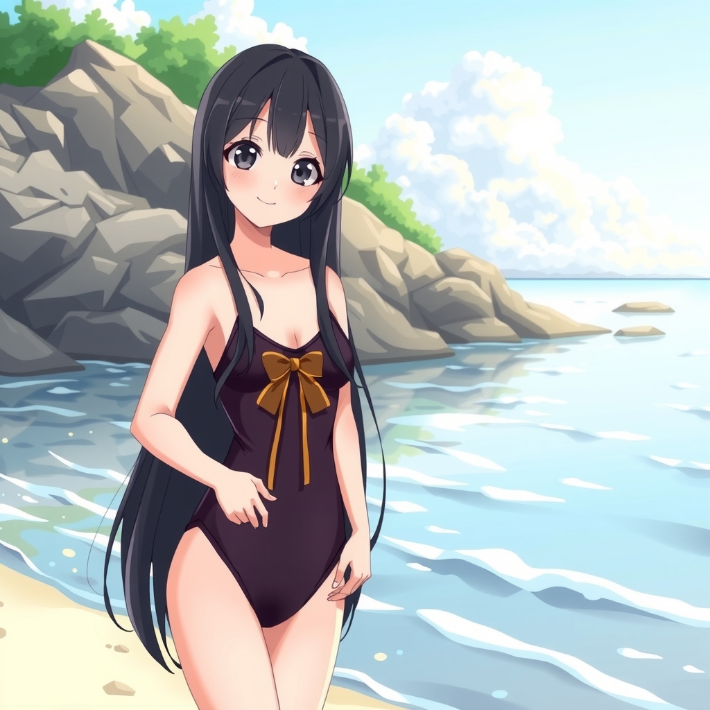 a teenage girl with long black hair and odd eyes wearing a ribbon dress swimsuit smiling by मुफ्त एआई छवि जनरेटर - बिना लॉगिन के✨ | AIGAZOU