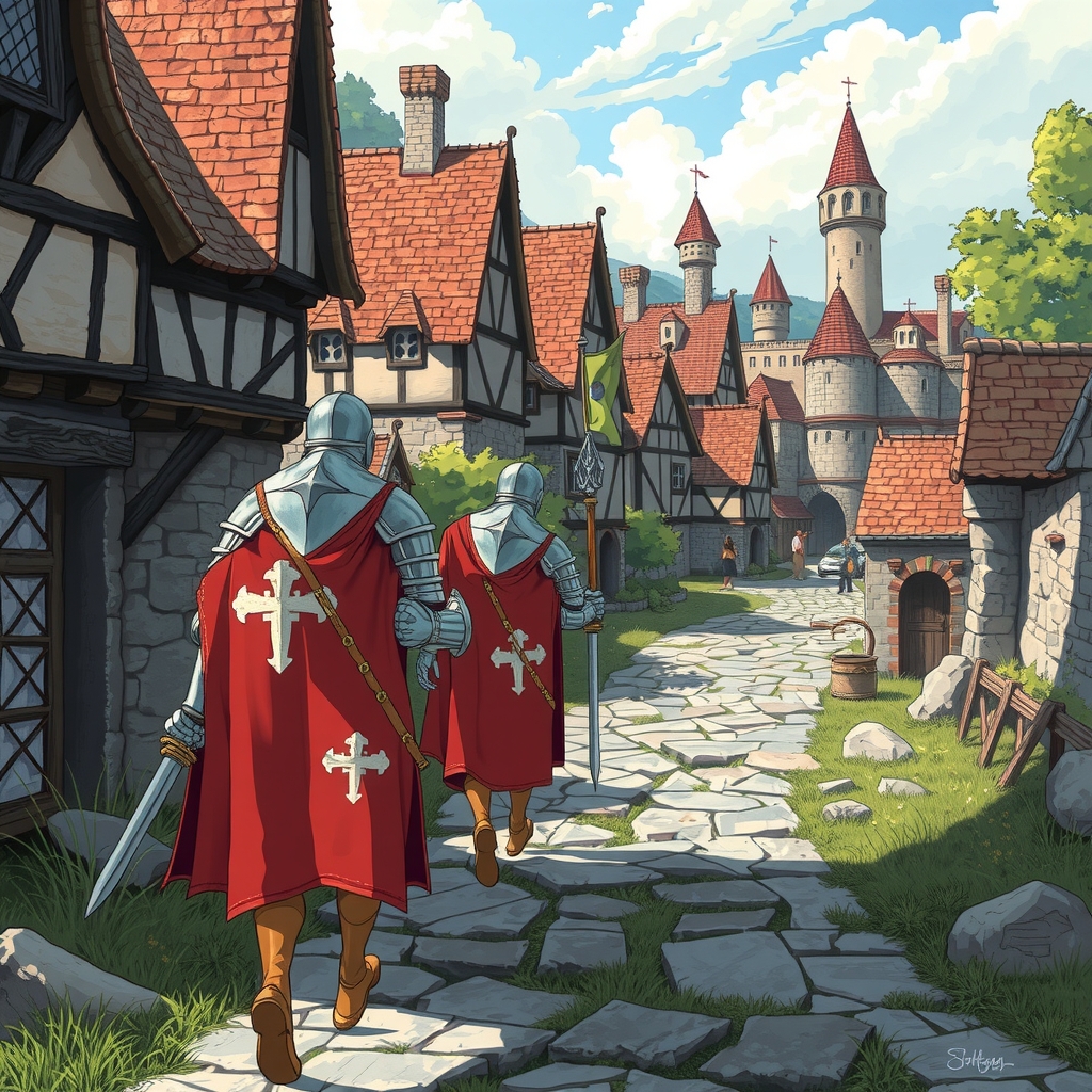 cavaliers walking in a medieval village by मुफ्त एआई छवि जनरेटर - बिना लॉगिन के✨ | AIGAZOU