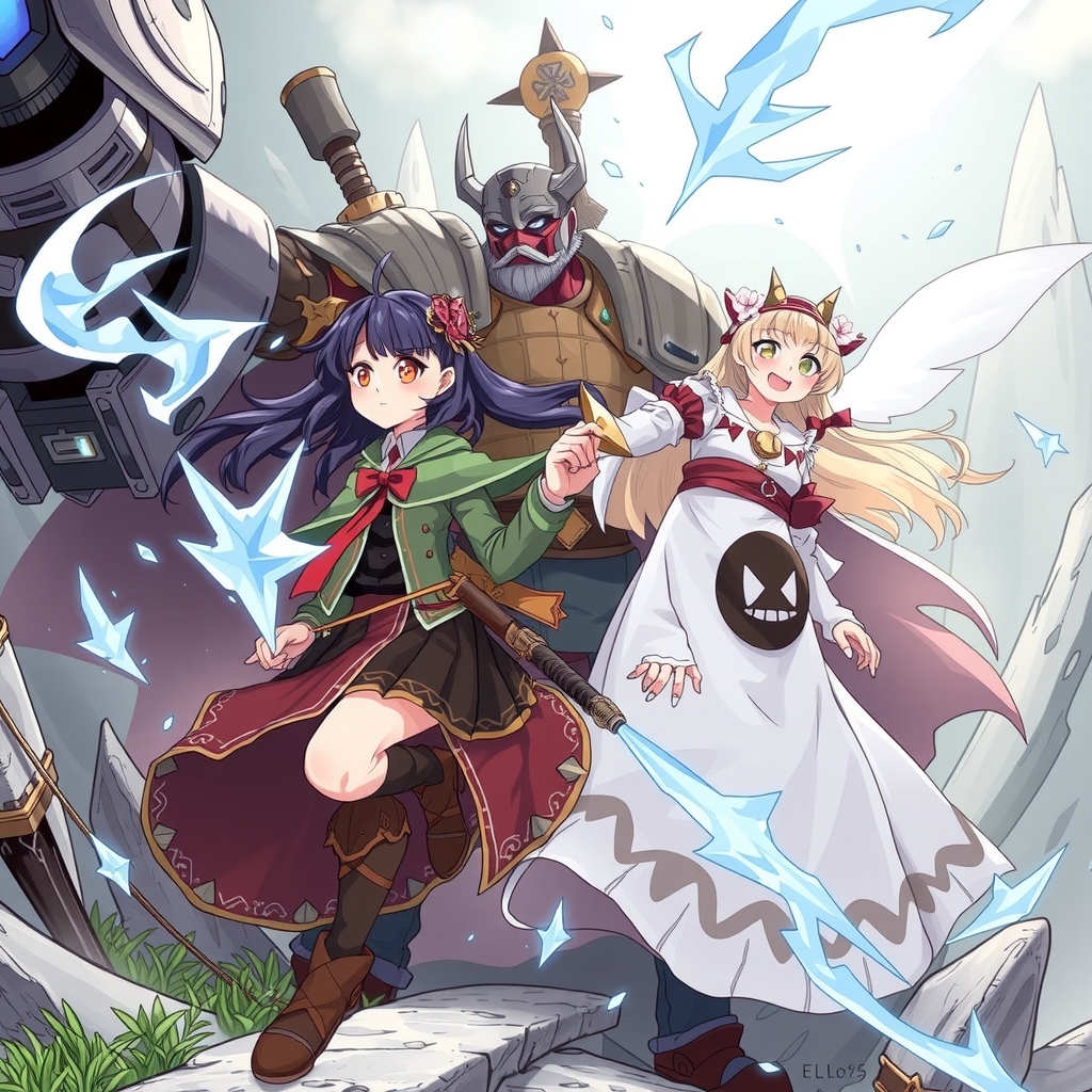 black haired magical girl and blonde ghost girl travel with large male warrior by मुफ्त एआई छवि जनरेटर - बिना लॉगिन के✨ | AIGAZOU