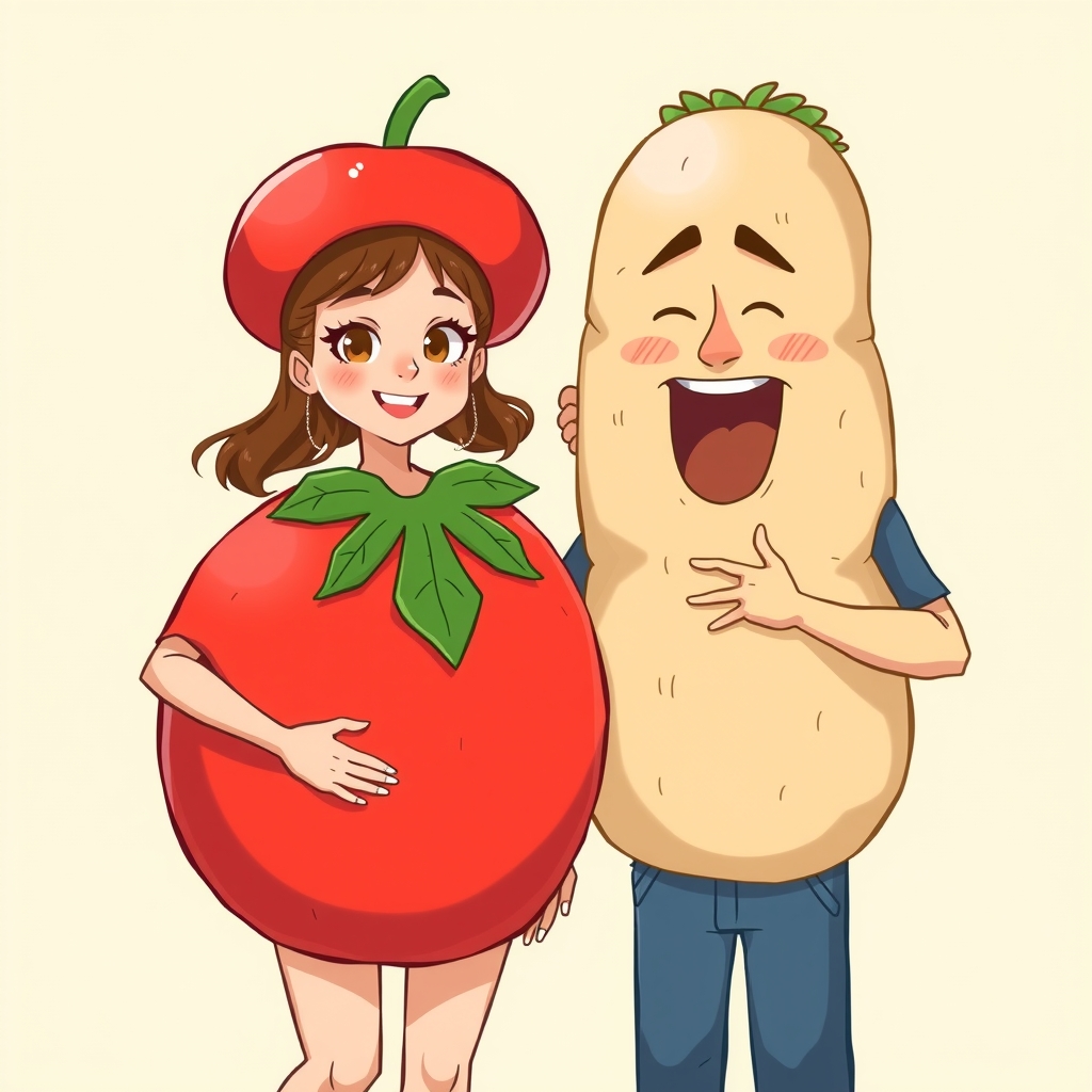 a cute woman in a tomato costume and a funny man in a potato costume by मुफ्त एआई छवि जनरेटर - बिना लॉगिन के✨ | AIGAZOU