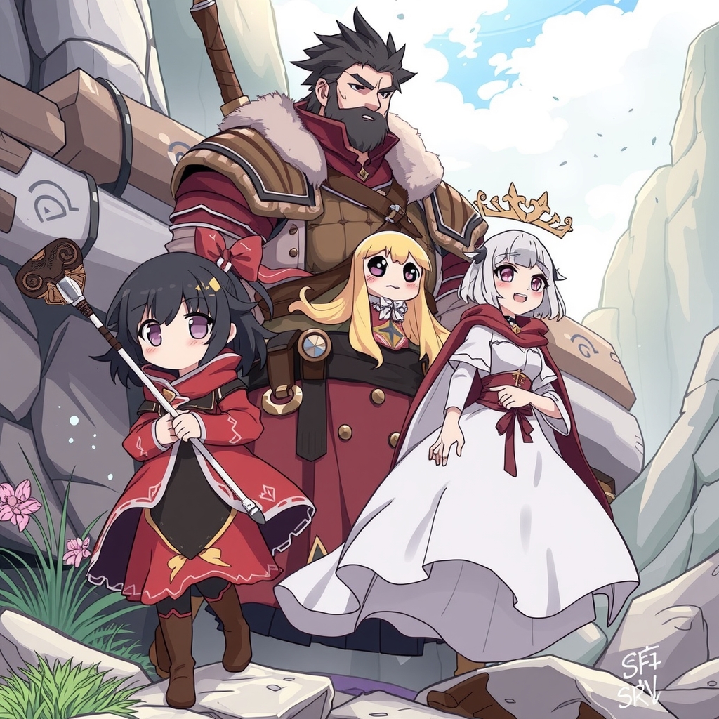 black haired magical girl and blonde ghost girl travel with large male warrior by मुफ्त एआई छवि जनरेटर - बिना लॉगिन के✨ | AIGAZOU