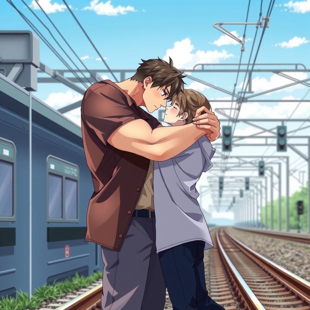 two men in love embrace realistic anime style by मुफ्त एआई छवि जनरेटर - बिना लॉगिन के✨ | AIGAZOU