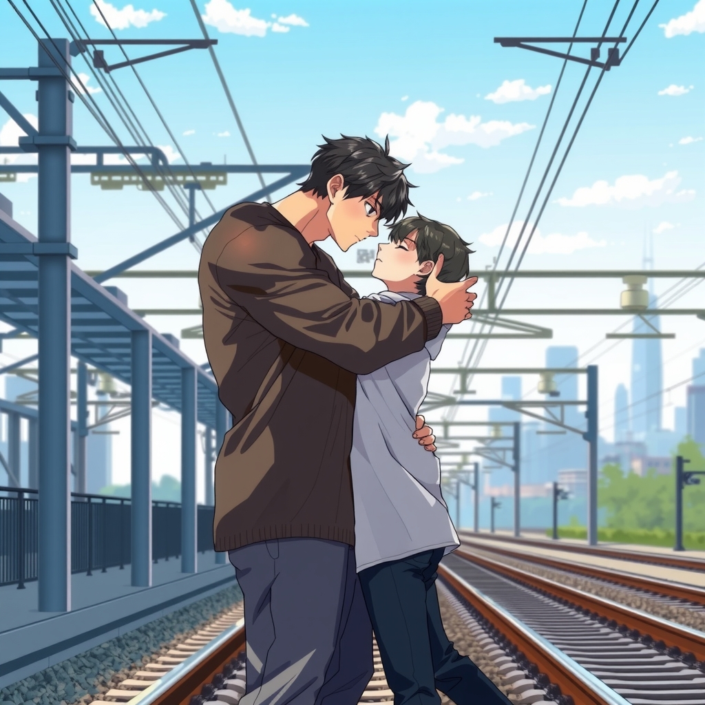 two men in love embrace realistic anime style by 免费AI图像生成工具 | AIGAZOU