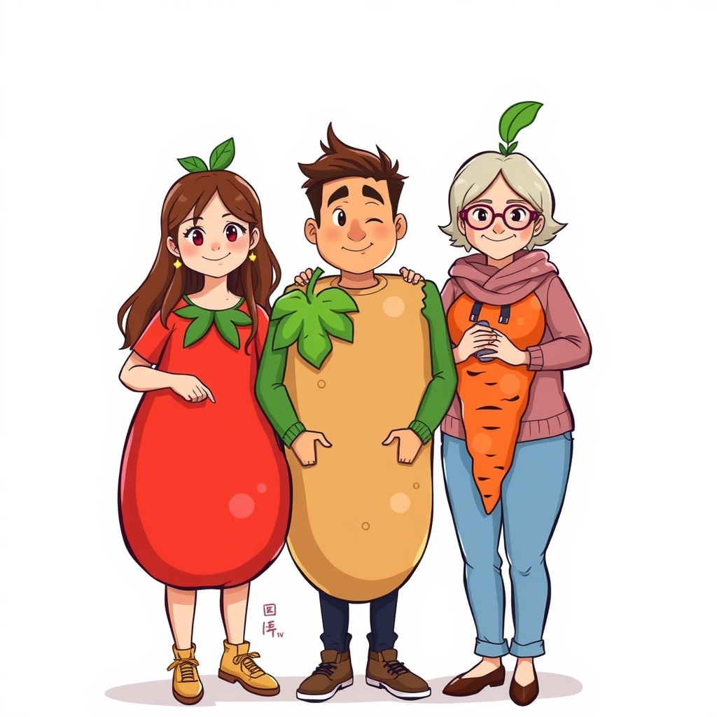 cute woman in tomato costume funny man in potato costume middle aged woman in carrot costume by मुफ्त एआई छवि जनरेटर - बिना लॉगिन के✨ | AIGAZOU