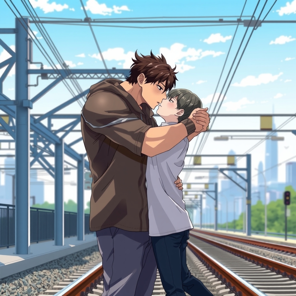 two men in love embrace and kiss in realistic anime style by मुफ्त एआई छवि जनरेटर - बिना लॉगिन के✨ | AIGAZOU