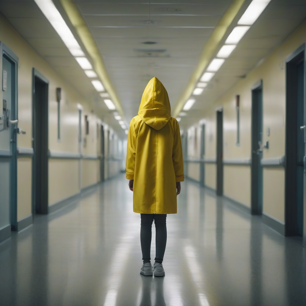 cinematic shot girl yellow raincoat gray hat hospital corridor by मुफ्त एआई छवि जनरेटर - बिना लॉगिन के✨ | AIGAZOU