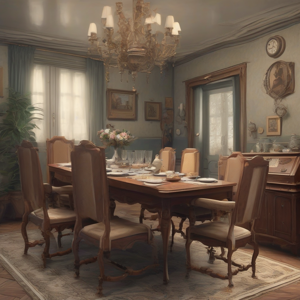 a retro european home decor like a simple dining room with six chairs a box and some silver coins by मुफ्त एआई छवि जनरेटर - बिना लॉगिन के✨ | AIGAZOU