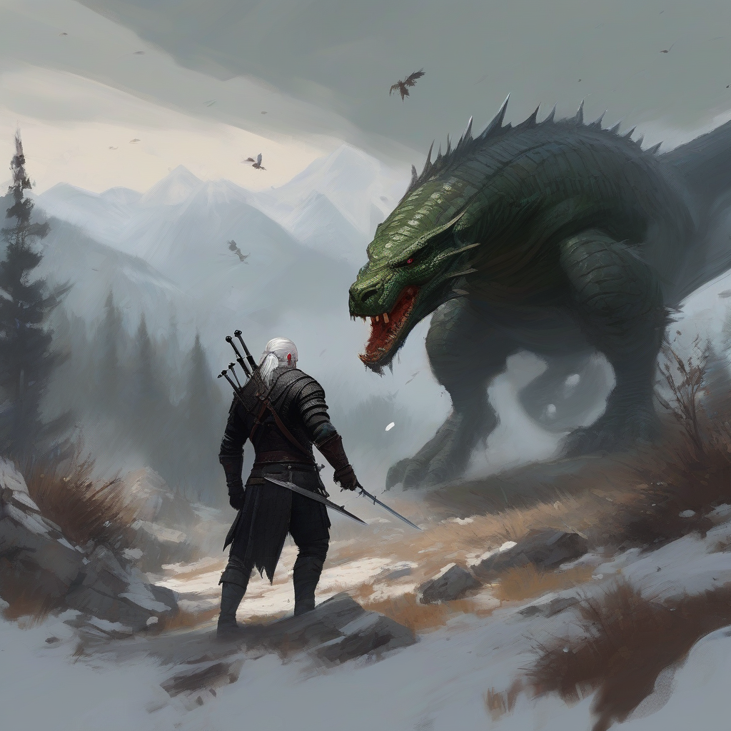 sorcerer in combat against a reptilian monster in the valley of khaer moren in the style of jakub rozalski by Générateur d'images par IA gratuit - Aucune connexion nécessaire✨ | AIGAZOU