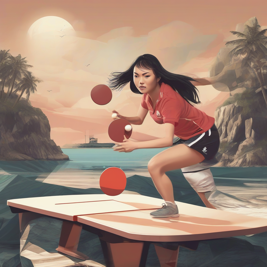 a woman playing table tennis on an island in 2100 by मुफ्त एआई छवि जनरेटर - बिना लॉगिन के✨ | AIGAZOU