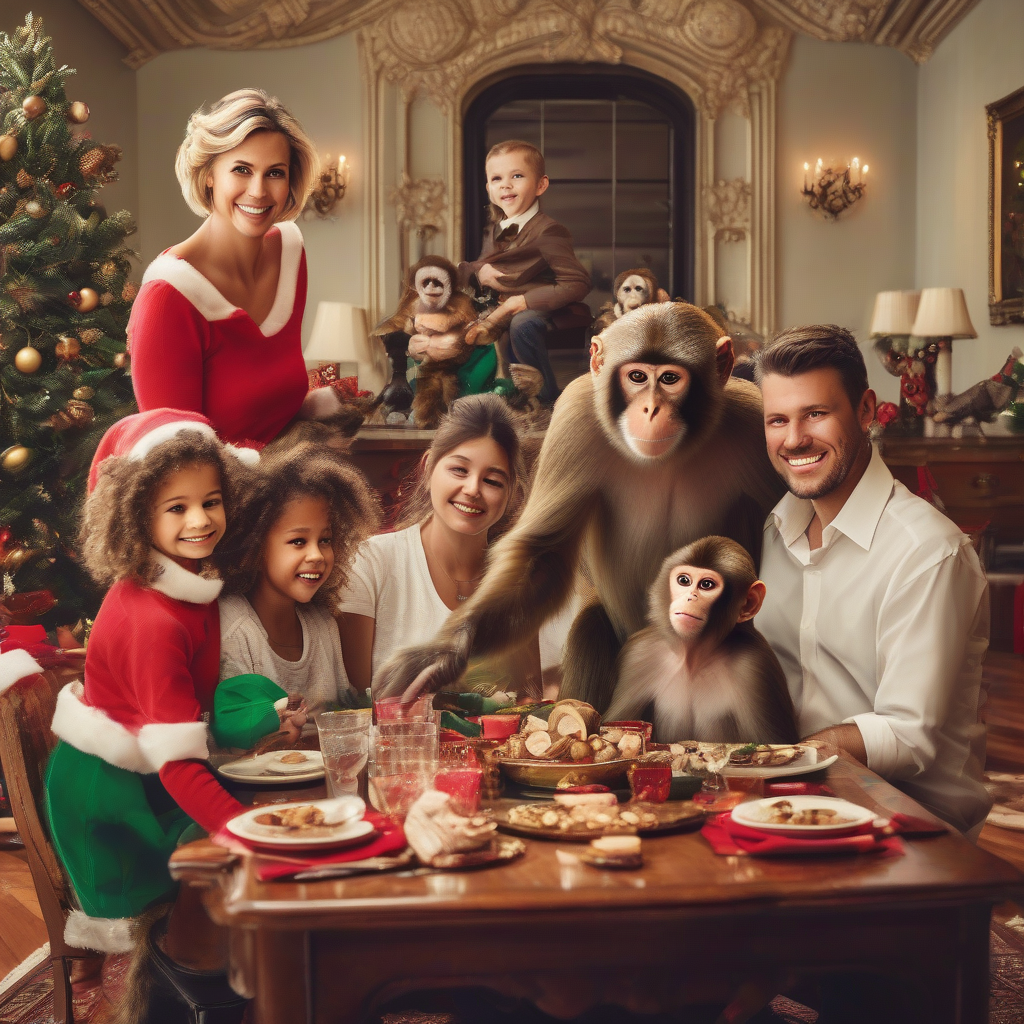 a family with a friendly monkey celebrating christmas in a millionaire home by 免费AI图像生成工具 | AIGAZOU