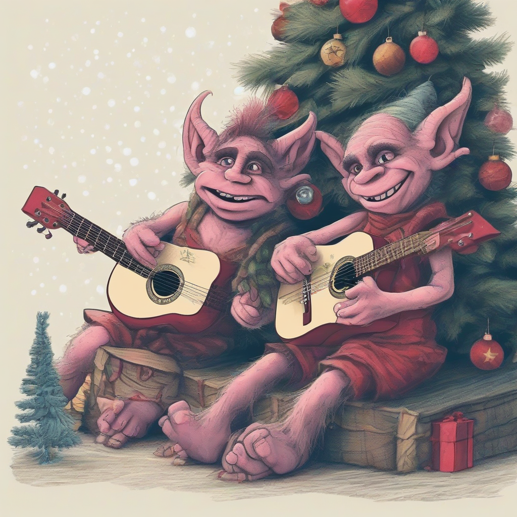 two trolls under the christmas tree play guitar by Générateur d'images par IA gratuit - Aucune connexion nécessaire✨ | AIGAZOU