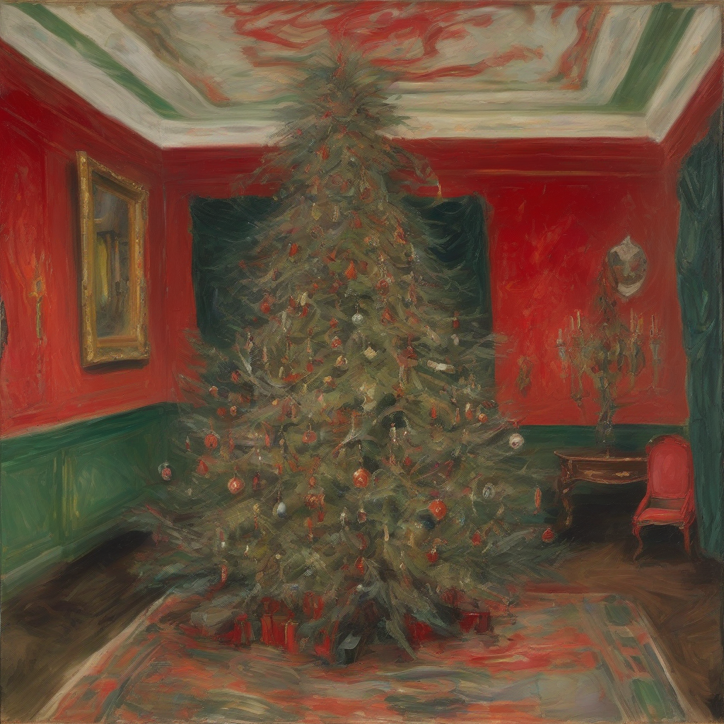 a richly decorated christmas tree in a large room with red walls rough brushstrokes 1914 by 免费AI图像生成工具 | AIGAZOU