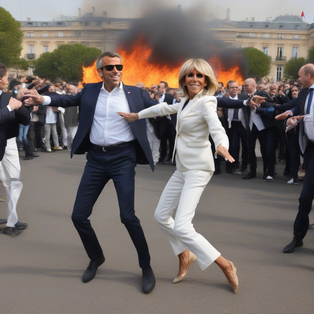 brigitte macron dancing in front of elysee on fire by Générateur d'images par IA gratuit - Aucune connexion nécessaire✨ | AIGAZOU