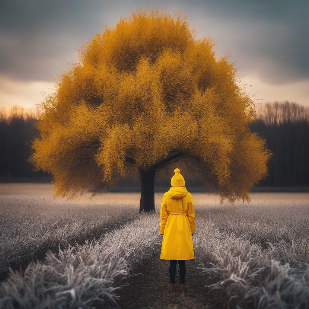 cinematic shot girl yellow coat gray hat by मुफ्त एआई छवि जनरेटर - बिना लॉगिन के✨ | AIGAZOU