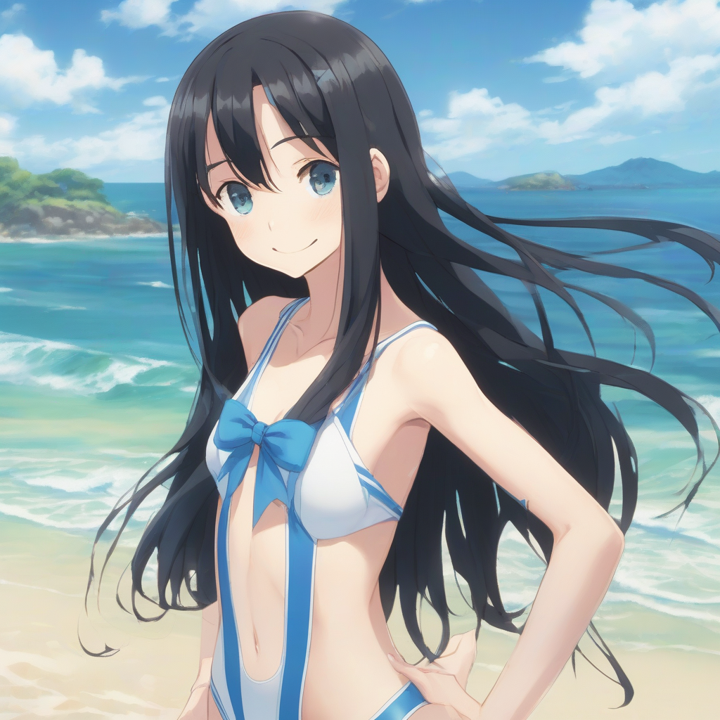 anime girl 15 years old beach long black hair odd eyes smile ribbon bikini by मुफ्त एआई छवि जनरेटर - बिना लॉगिन के✨ | AIGAZOU