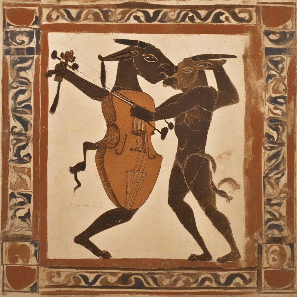 minotaur playing violin in minoan art by मुफ्त एआई छवि जनरेटर - बिना लॉगिन के✨ | AIGAZOU