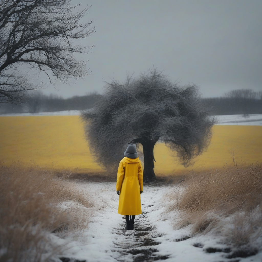 cinematic shot girl yellow coat gray hat by 免费AI图像生成工具 | AIGAZOU