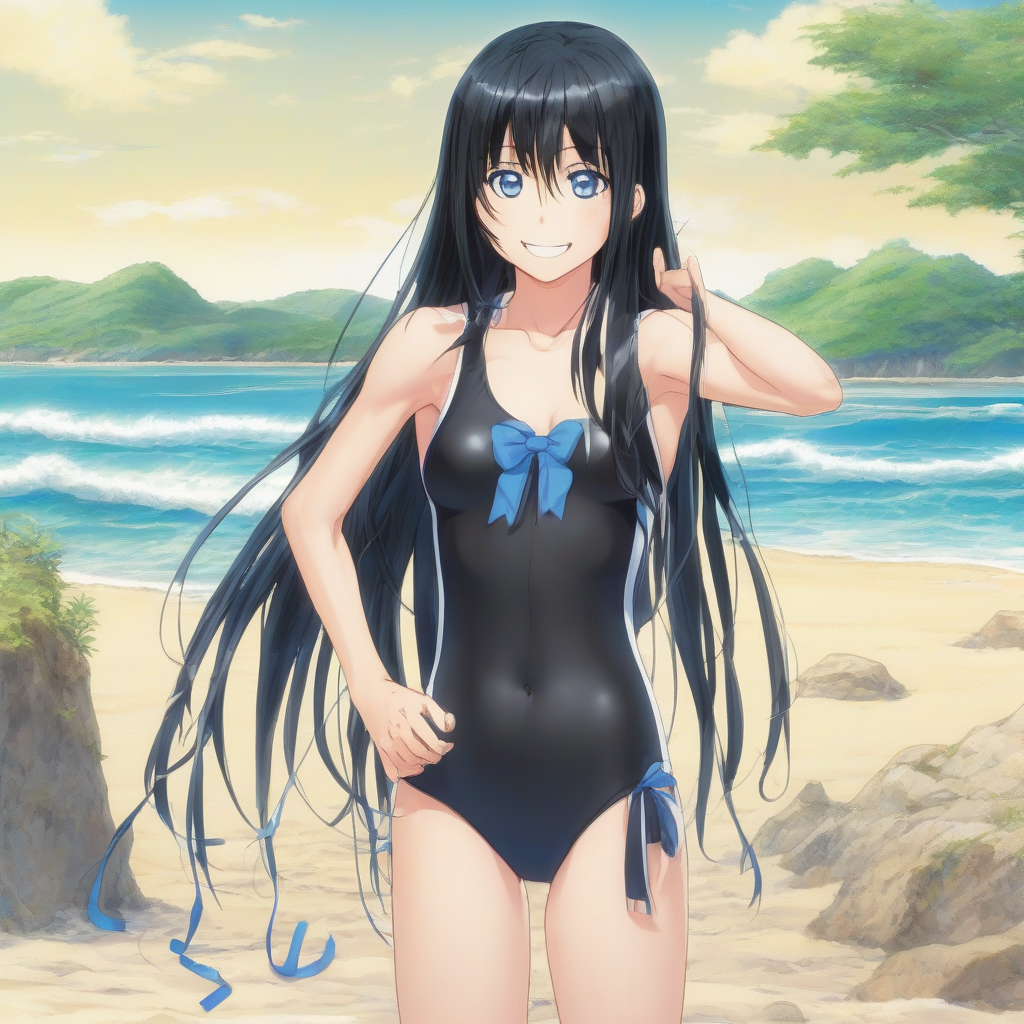 amami oshima beach long black hair odd eyes black left blue right slender body smiling expression ribbon dress swimsuit 14 by मुफ्त एआई छवि जनरेटर - बिना लॉगिन के✨ | AIGAZOU