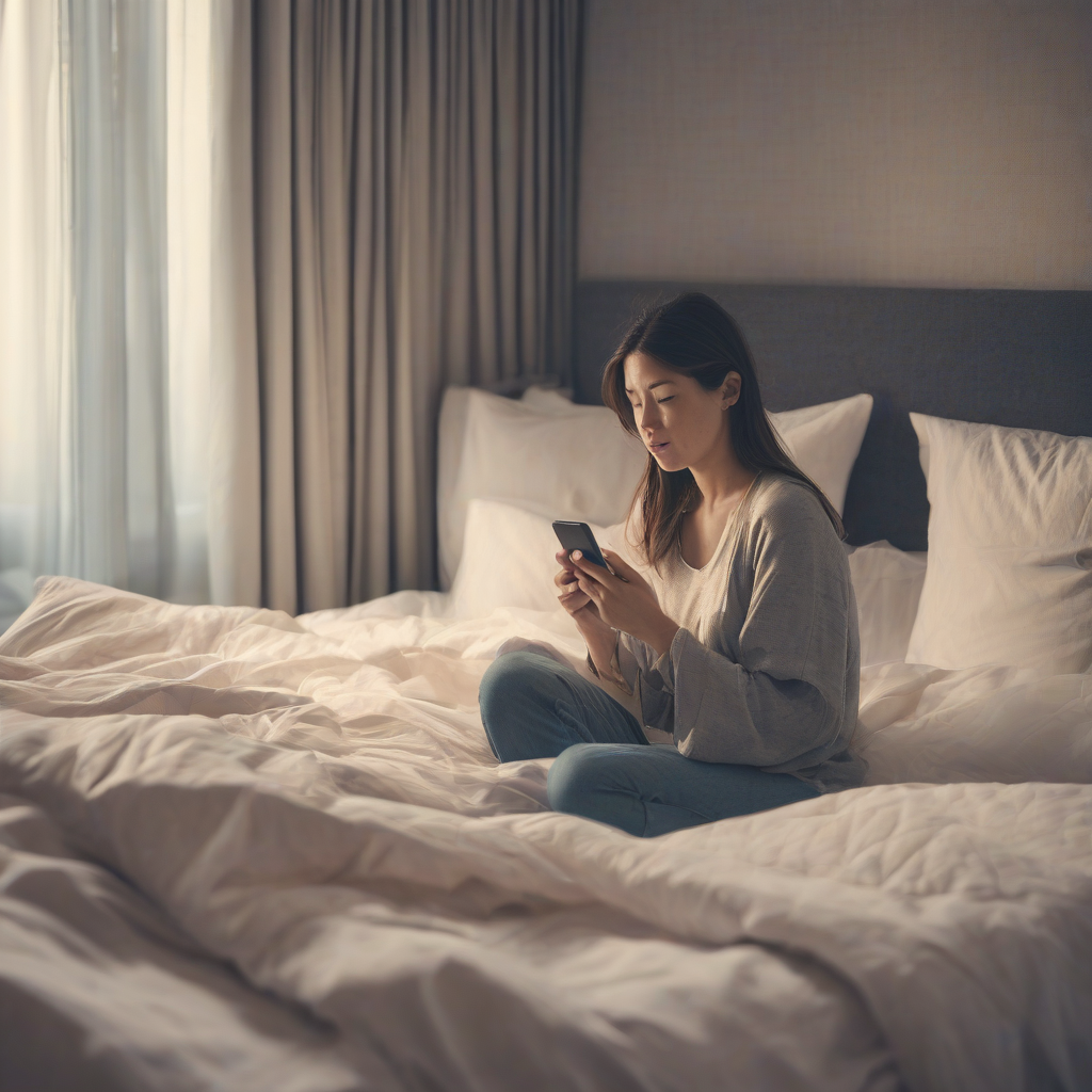 a woman staying home watching smartphone in bed by मुफ्त एआई छवि जनरेटर - बिना लॉगिन के✨ | AIGAZOU