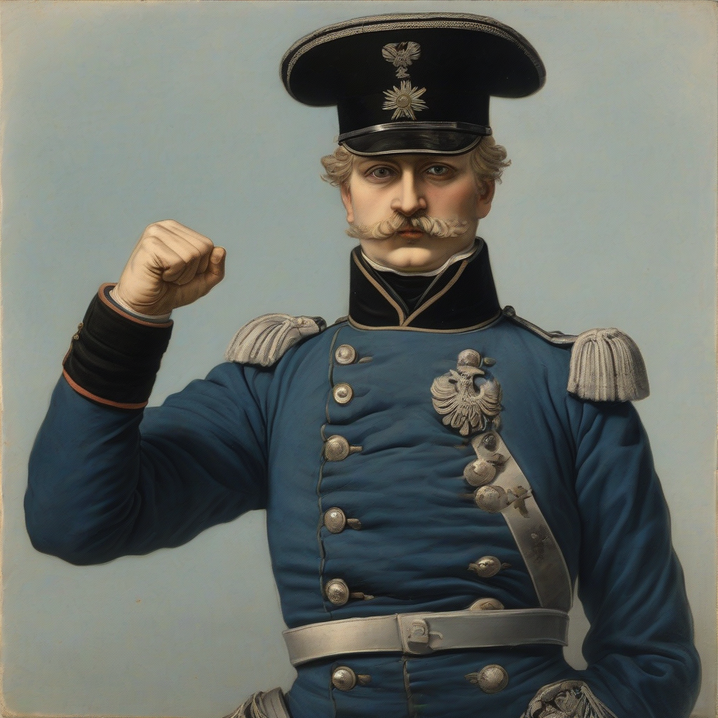 a prussian in blue uniform proudly holds fist to chest by मुफ्त एआई छवि जनरेटर - बिना लॉगिन के✨ | AIGAZOU