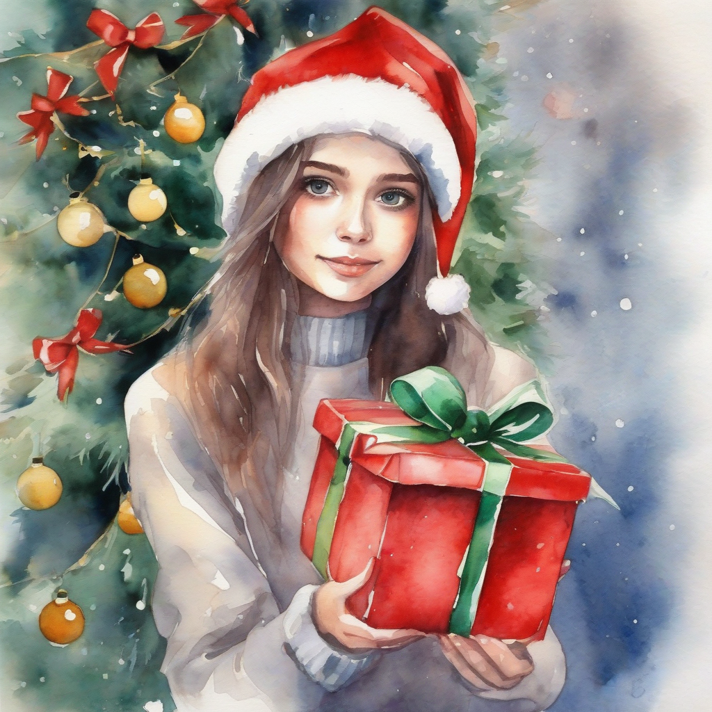 christmas presents and beautiful girl watercolor painting by मुफ्त एआई छवि जनरेटर - बिना लॉगिन के✨ | AIGAZOU