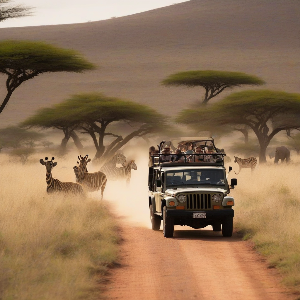 jeep tour through african savannah with wildlife by मुफ्त एआई छवि जनरेटर - बिना लॉगिन के✨ | AIGAZOU