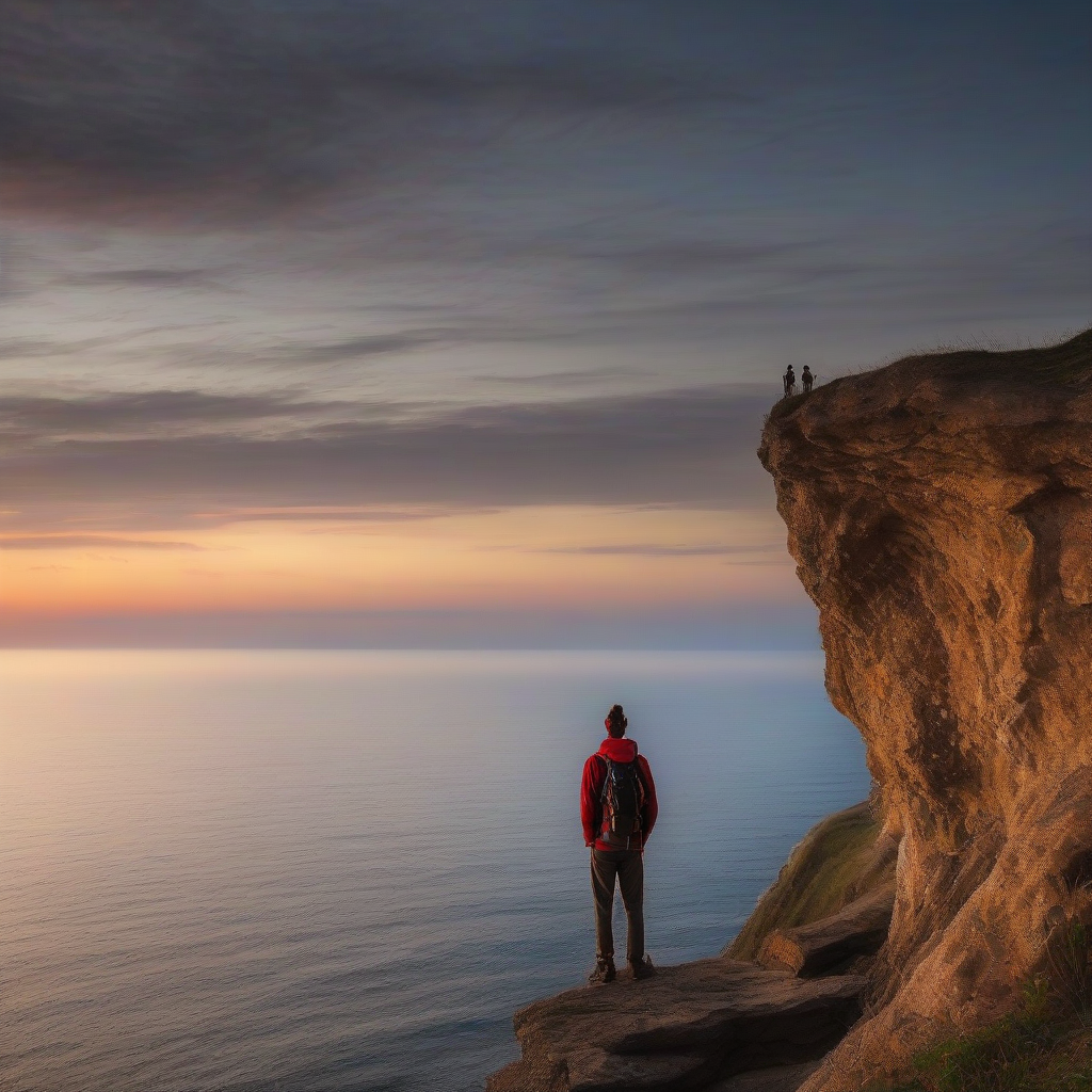 backpacker watching horizon cliff sea dawn by मुफ्त एआई छवि जनरेटर - बिना लॉगिन के✨ | AIGAZOU