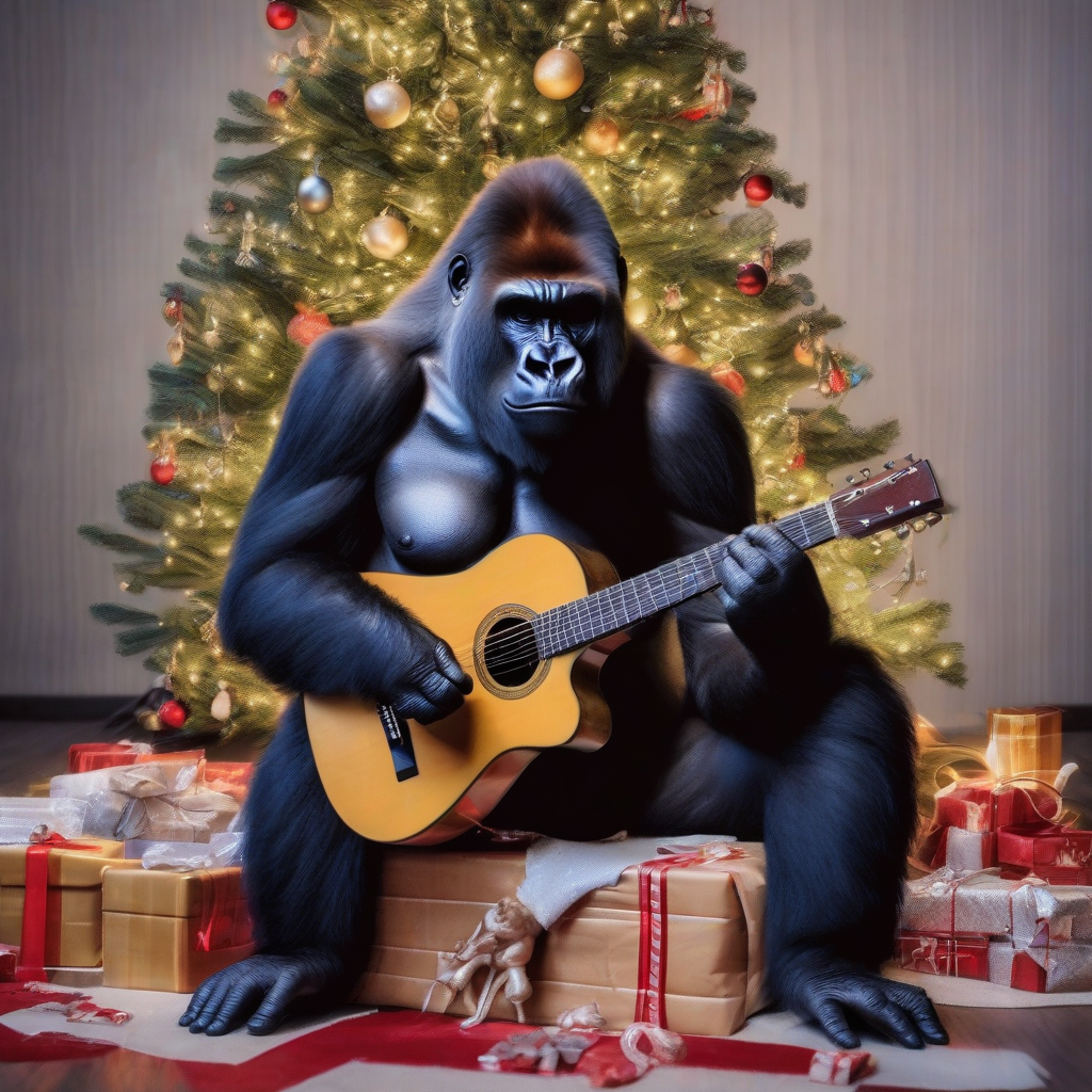 a gorilla plays guitar under the christmas tree by मुफ्त एआई छवि जनरेटर - बिना लॉगिन के✨ | AIGAZOU