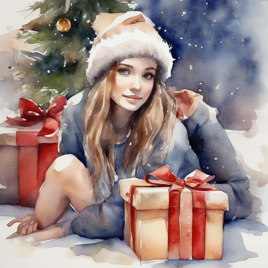 christmas presents and beautiful girl watercolor painting by मुफ्त एआई छवि जनरेटर - बिना लॉगिन के✨ | AIGAZOU