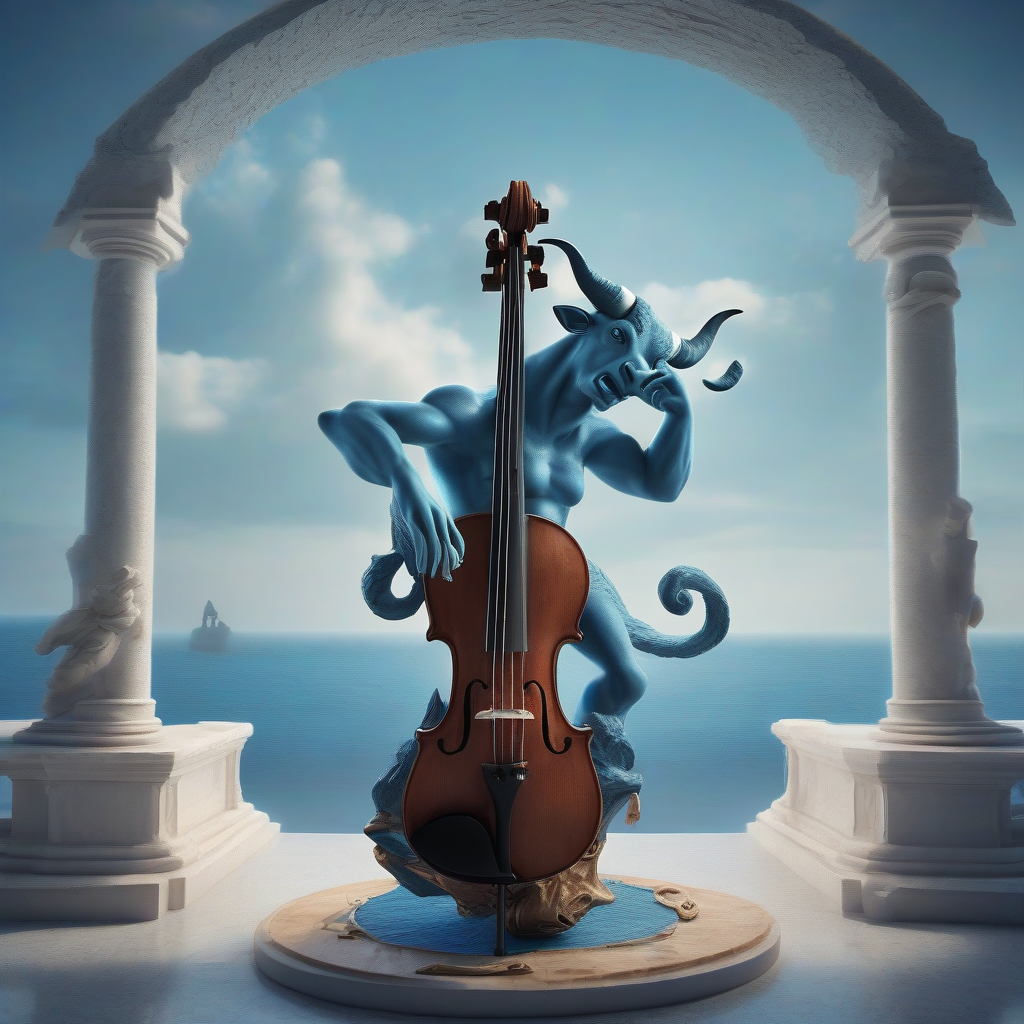 a minotaur dancing and playing lira behind a large violin on a vertical island with blue sky and sea background by मुफ्त एआई छवि जनरेटर - बिना लॉगिन के✨ | AIGAZOU