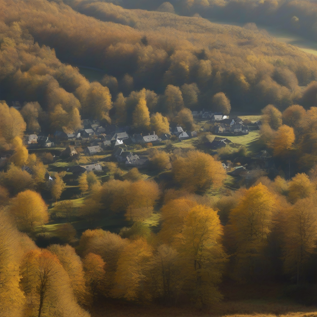 small country village bordered by autumn forest by Générateur d'images par IA gratuit - Aucune connexion nécessaire✨ | AIGAZOU