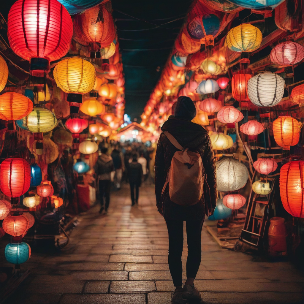 traveler exploring a night market lit by colored lanterns by मुफ्त एआई छवि जनरेटर - बिना लॉगिन के✨ | AIGAZOU