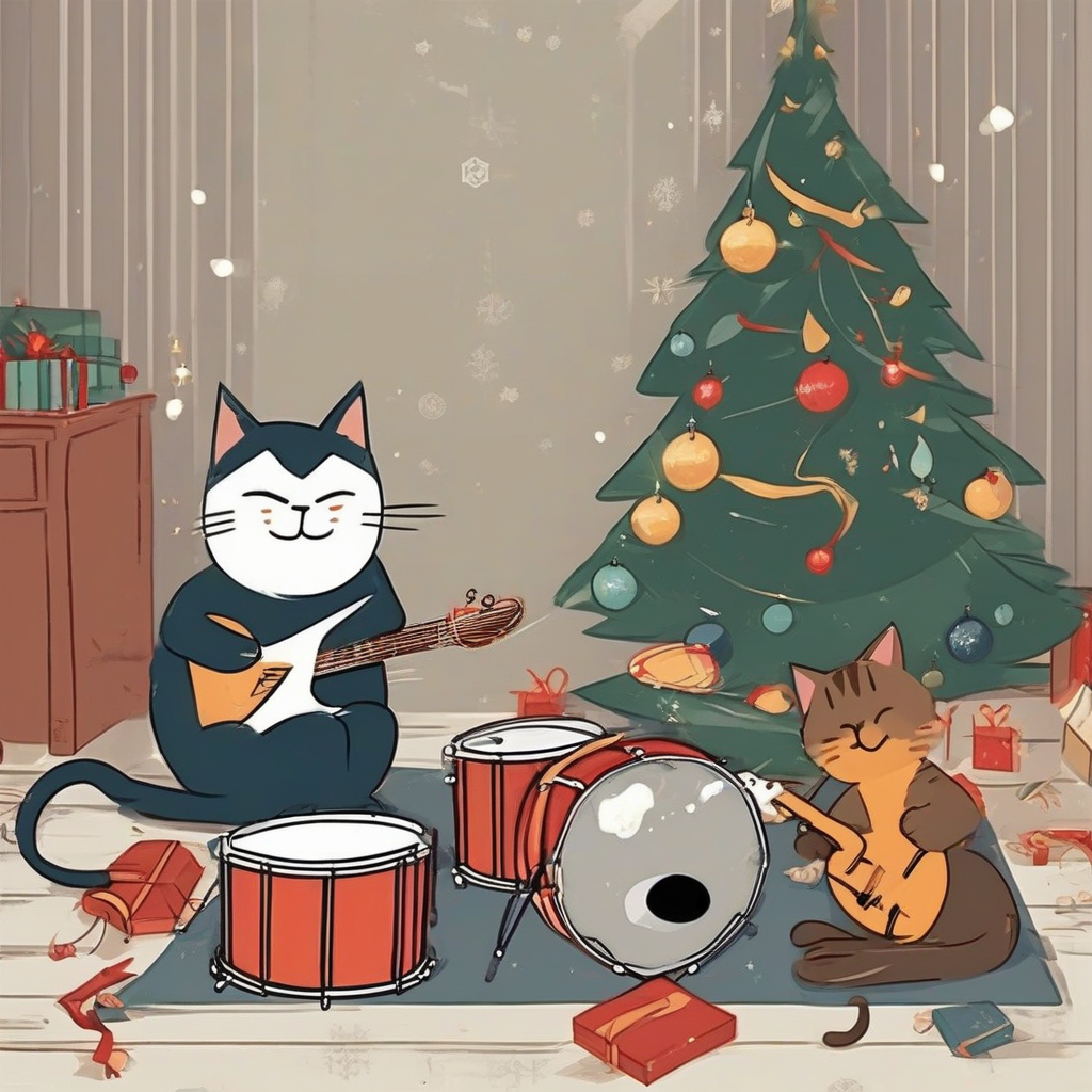 two cats play drums and guitar under christmas tree by मुफ्त एआई छवि जनरेटर - बिना लॉगिन के✨ | AIGAZOU