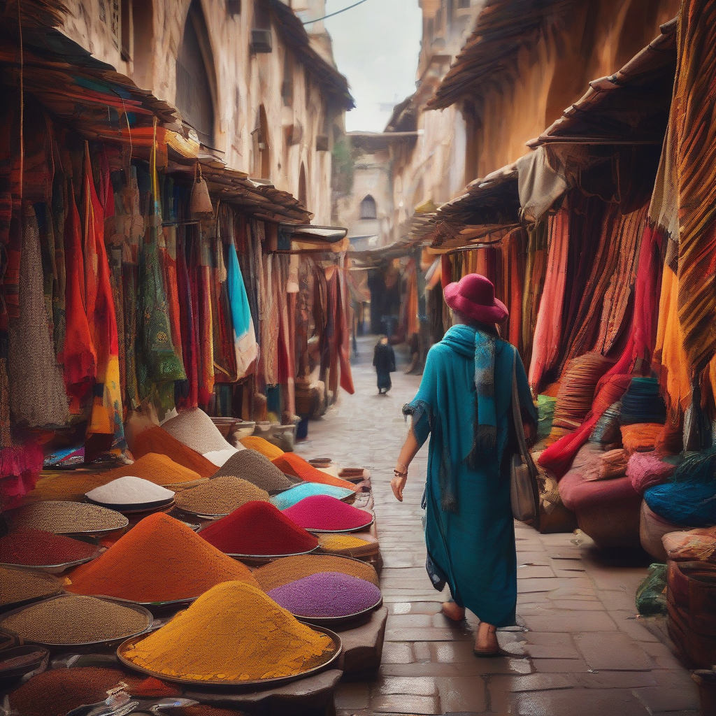 traveler exploring ancient market with spices and colorful textiles in exotic city by मुफ्त एआई छवि जनरेटर - बिना लॉगिन के✨ | AIGAZOU