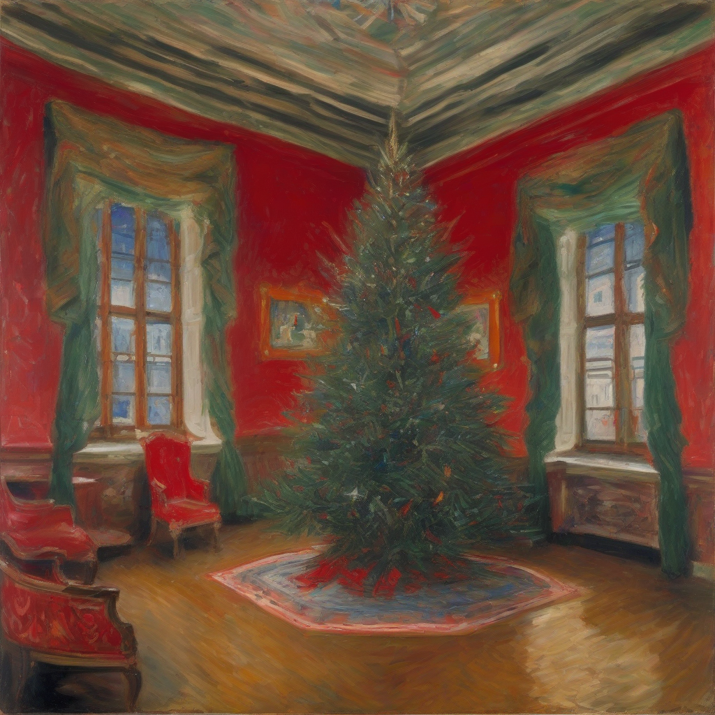 a richly decorated christmas tree in a large room with red walls rough brushstrokes 1914 by मुफ्त एआई छवि जनरेटर - बिना लॉगिन के✨ | AIGAZOU