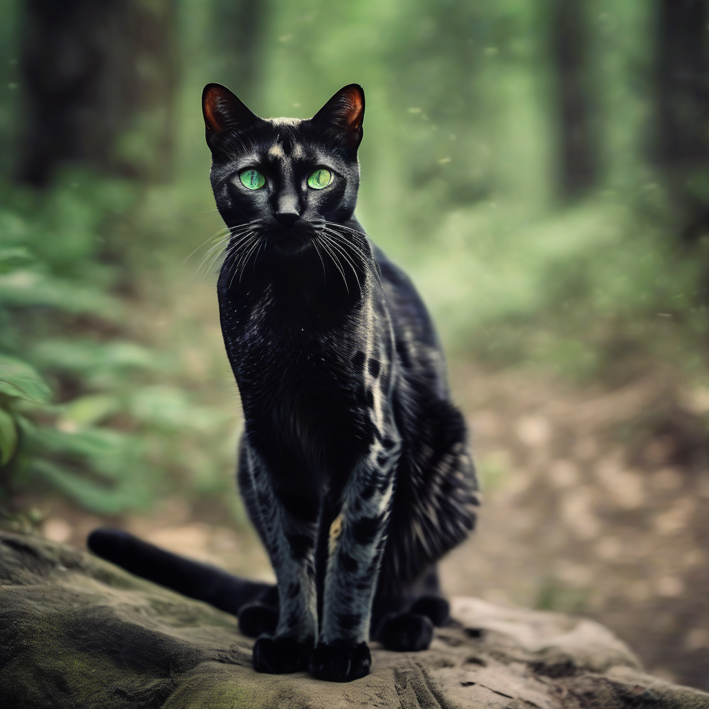 black spotted cat with dark green eyes on forest background warrior stance alley cat style photo by मुफ्त एआई छवि जनरेटर - बिना लॉगिन के✨ | AIGAZOU