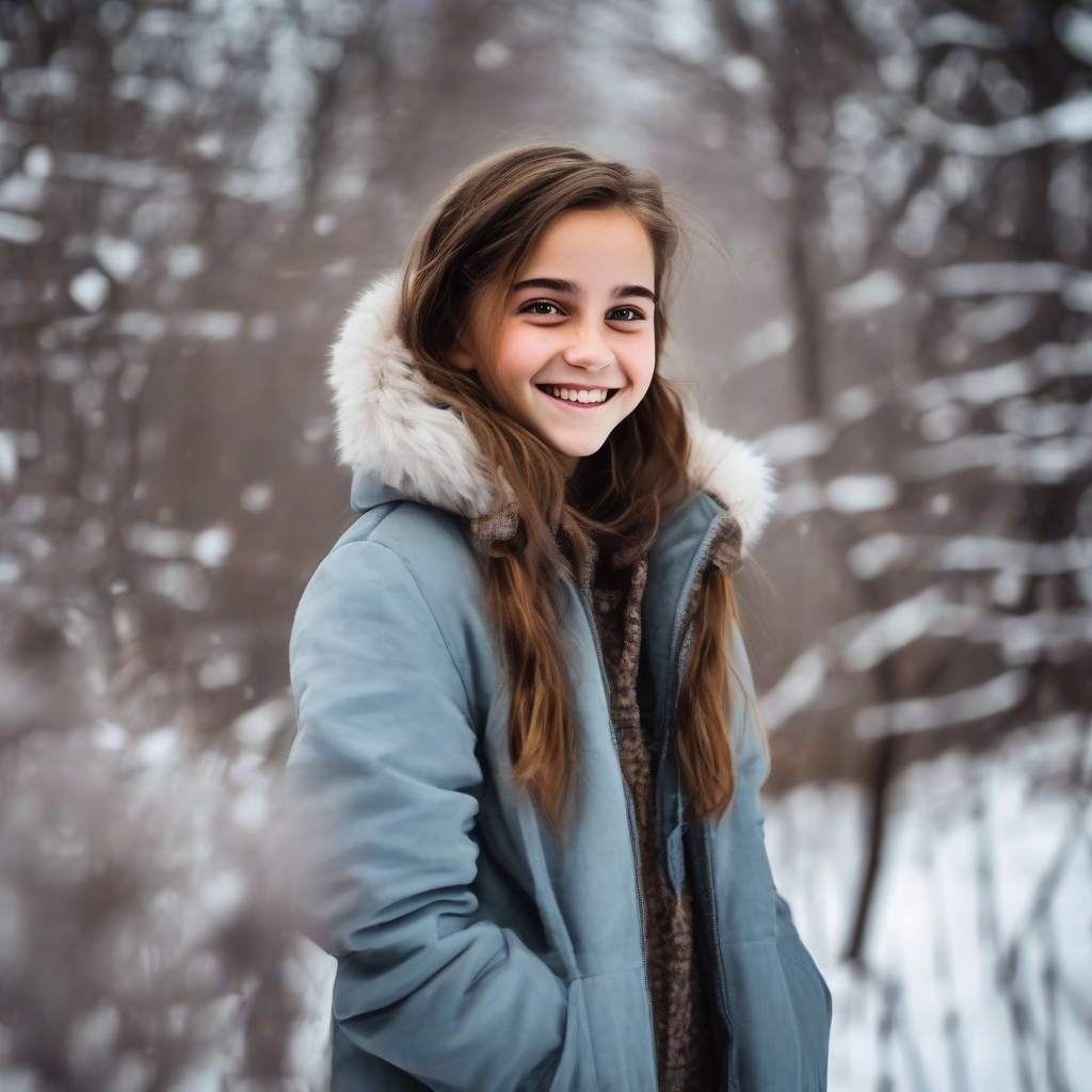 14 year old girl brown hair smiling winter reminds emma watson by 免费AI图像生成工具 | AIGAZOU