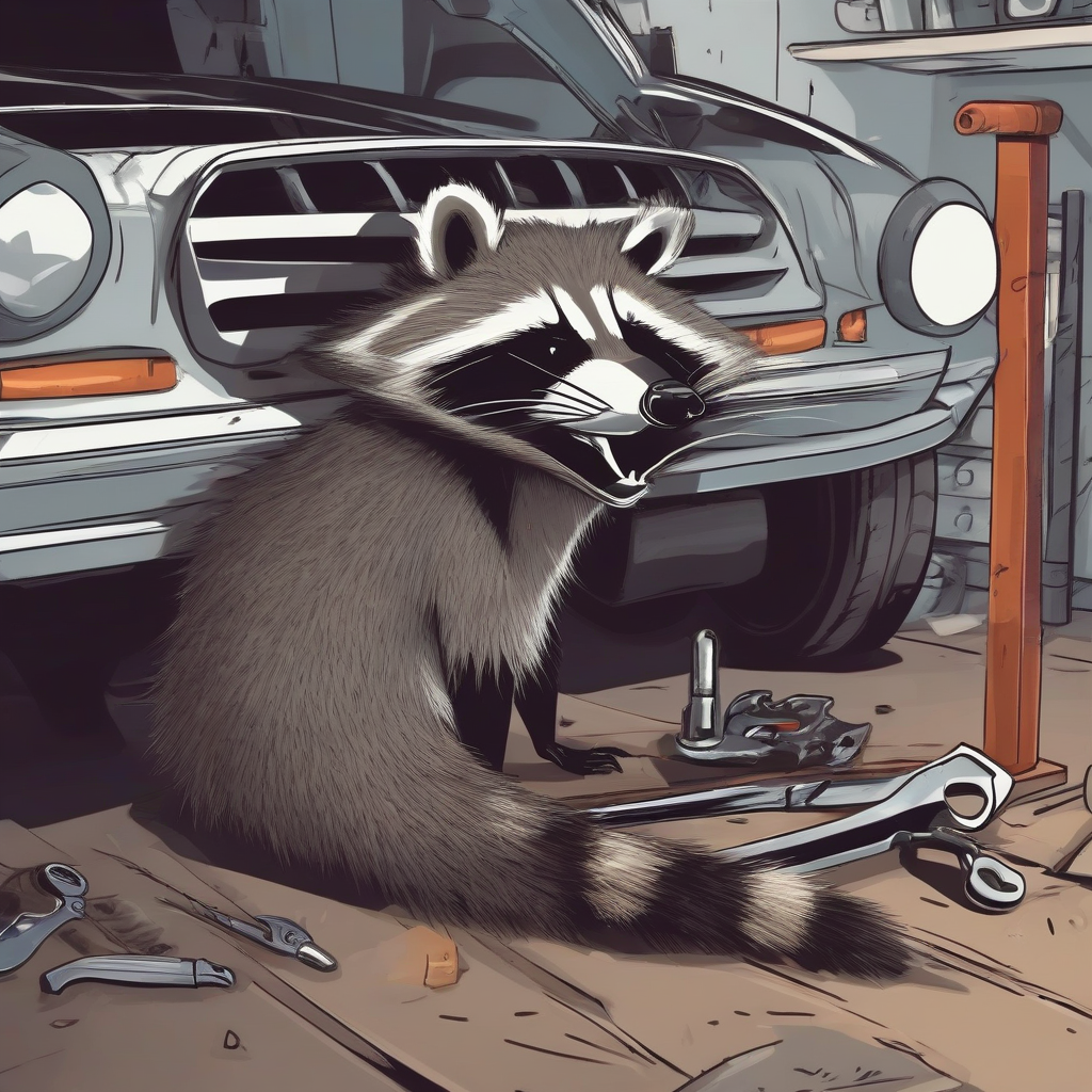 raccoon repairs car with wrench by मुफ्त एआई छवि जनरेटर - बिना लॉगिन के✨ | AIGAZOU