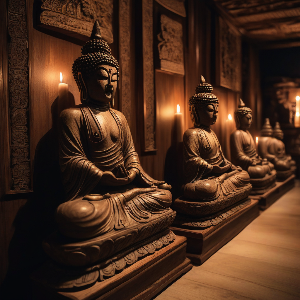 realistic wooden buddha statues in a dimly lit shrine by मुफ्त एआई छवि जनरेटर - बिना लॉगिन के✨ | AIGAZOU