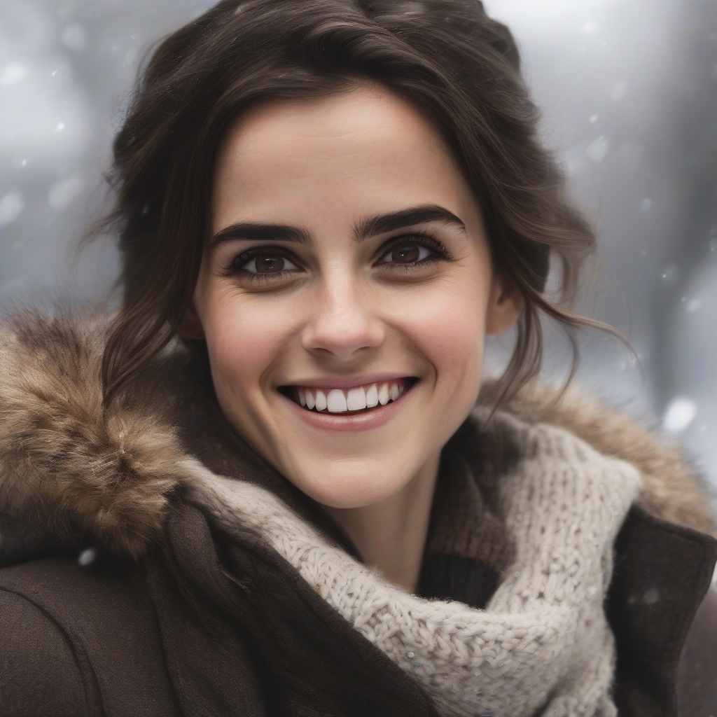 35 year old woman dark brown hair smiles winter reminds emma watson by मुफ्त एआई छवि जनरेटर - बिना लॉगिन के✨ | AIGAZOU