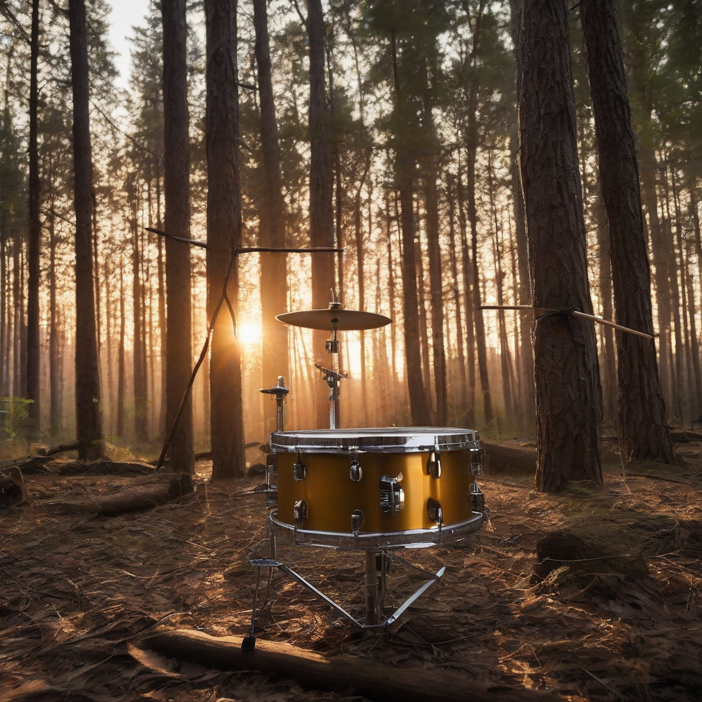 a drum set stands in the forest as the sun rises by मुफ्त एआई छवि जनरेटर - बिना लॉगिन के✨ | AIGAZOU