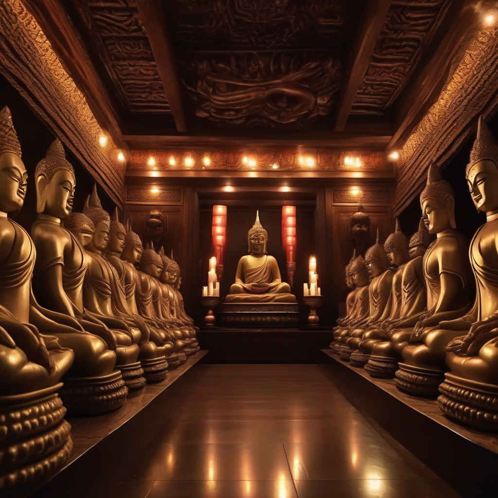 realistic wooden buddha statues in a dimly lit shrine by Générateur d'images par IA gratuit - Aucune connexion nécessaire✨ | AIGAZOU